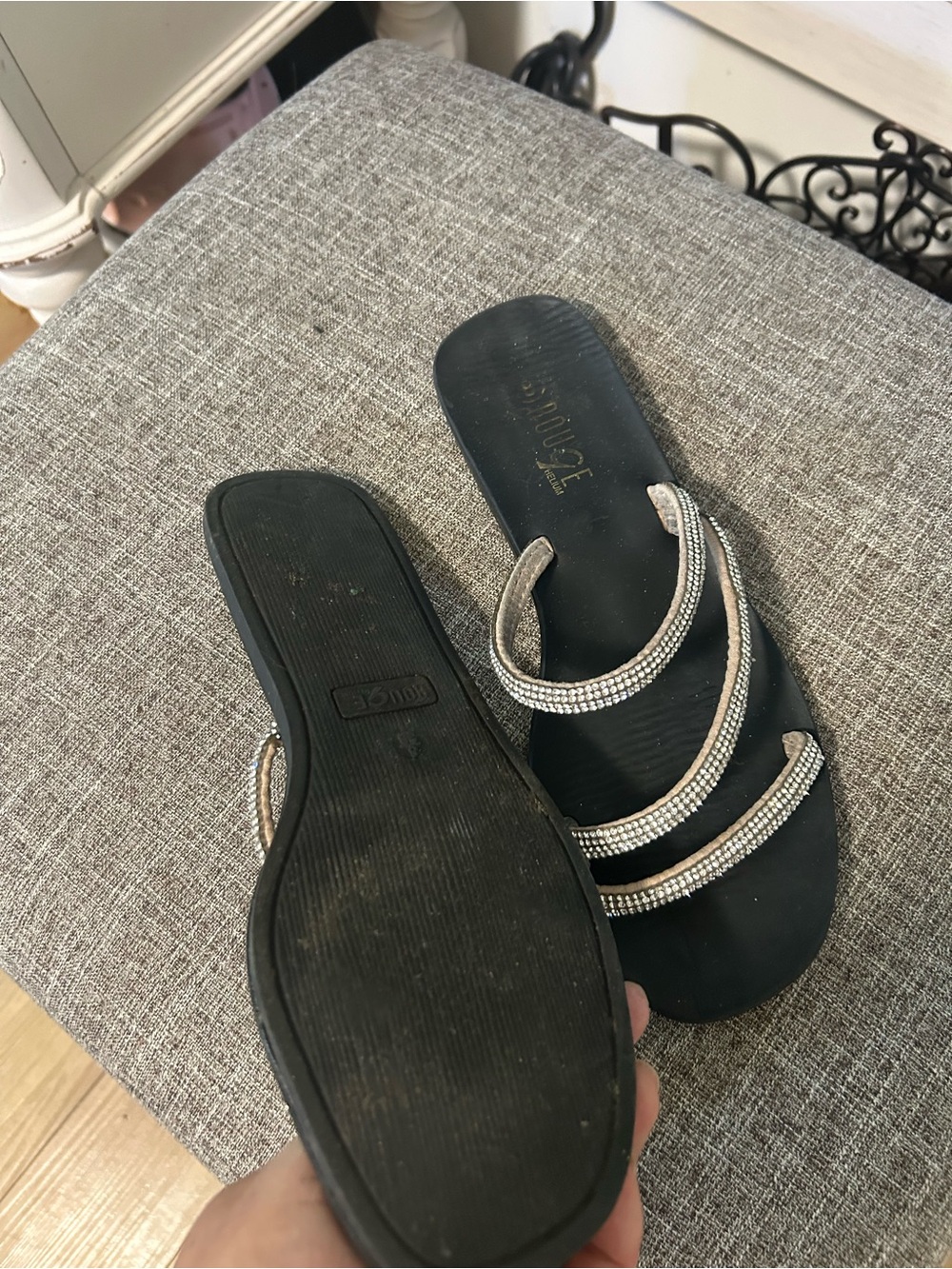 Women's Black Slide Sandals with Crystal-Strap Detail